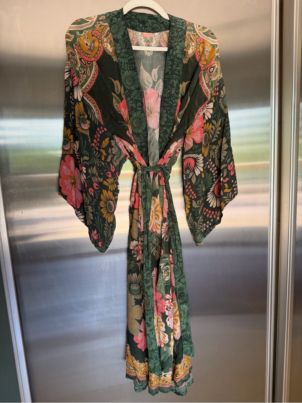 Powder Folk Art Floral Kimono Robe - Fern with Tie Belt - Picture 3 of 5